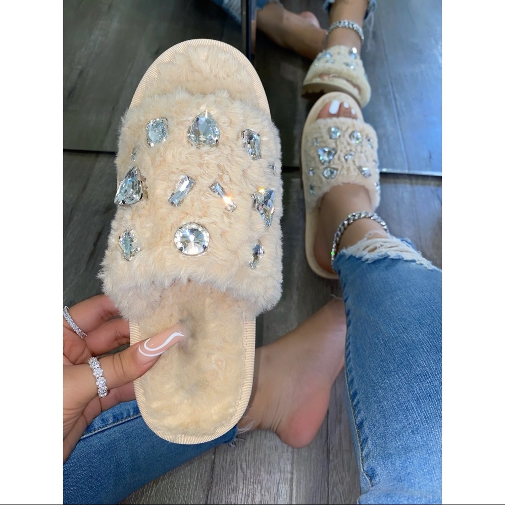 Nude Bedazzled Furry Slippers